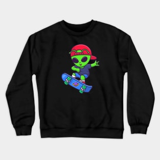 Cute Cool Alien Playing Skateboard Cartoon Crewneck Sweatshirt